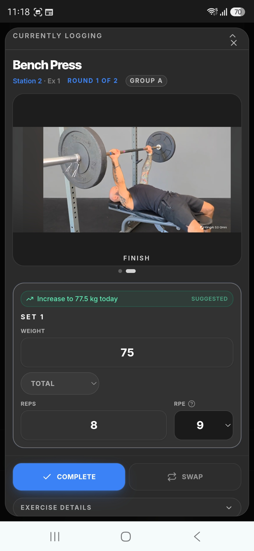American Fitness app workout logging screen for bench press sets, reps and RPE