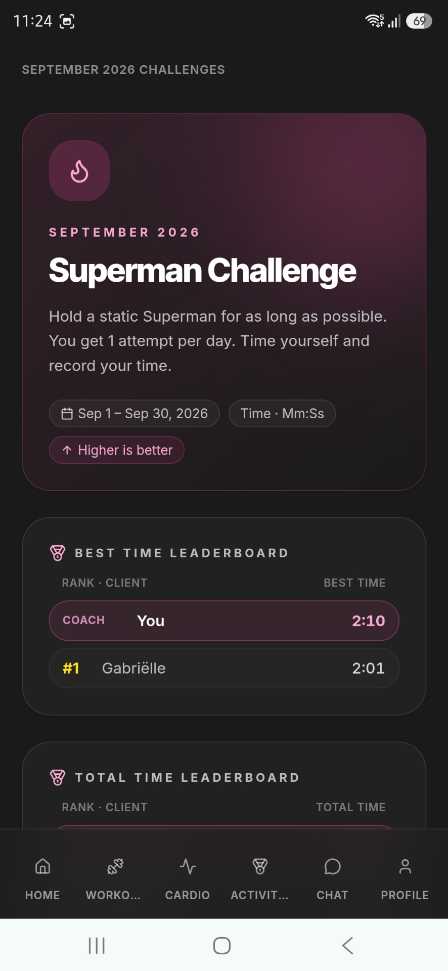 American Fitness monthly challenge screen showing the Superman Challenge and leaderboard