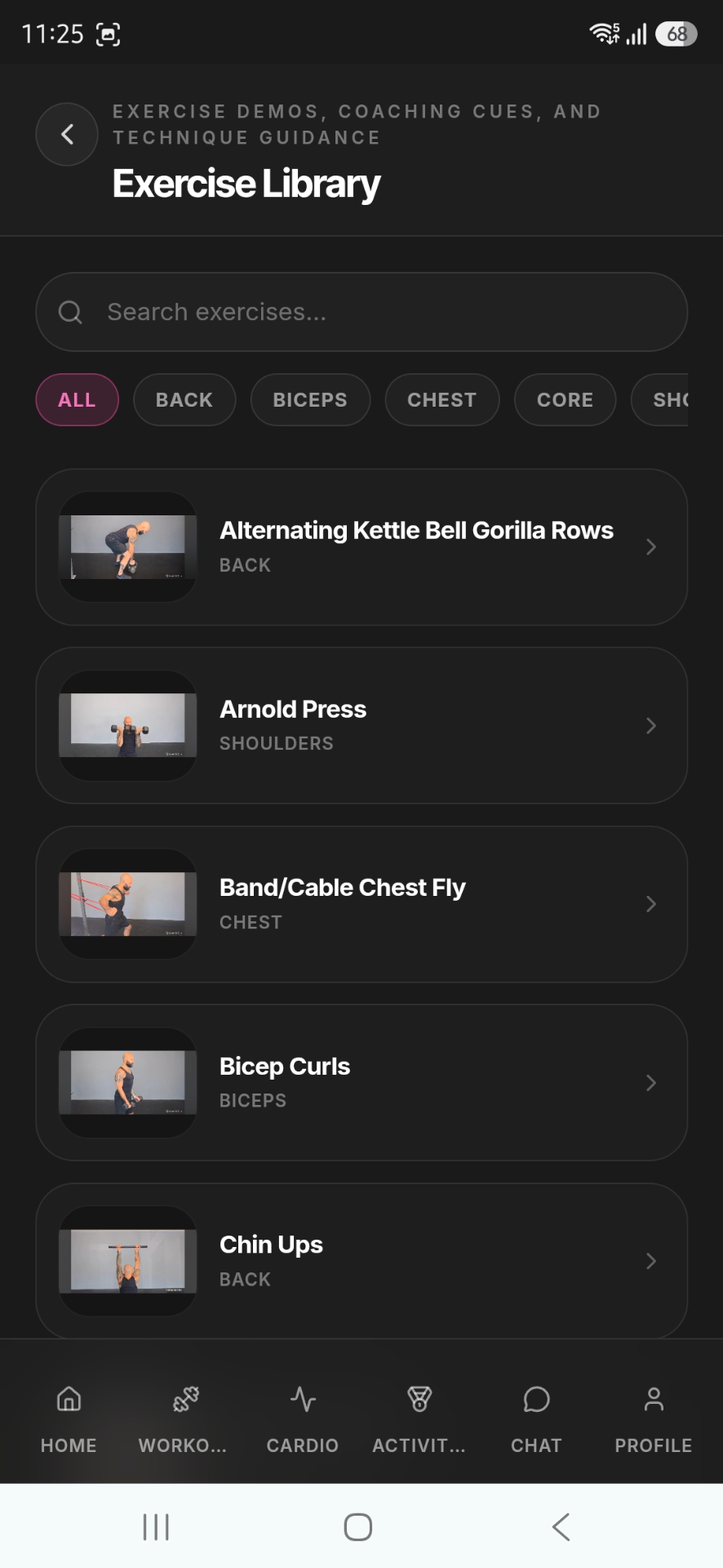 American Fitness exercise library screen with search, muscle filters and exercise thumbnails